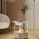 VASAGLE LILEA Collection - Side Table with Charging Station, Round End Table with Fabric Basket, LED Nightstand with USB Ports, Modern, for Living Room, Matte White and Camel Brown ULET227W01, With LED light