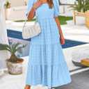 PRETTYGARDEN Women's Summer Dresses 2026 Puff Sleeve Square Neck High Waist Smocked A-Line Flowy Loose Fit Midi Dress (Blue, S)