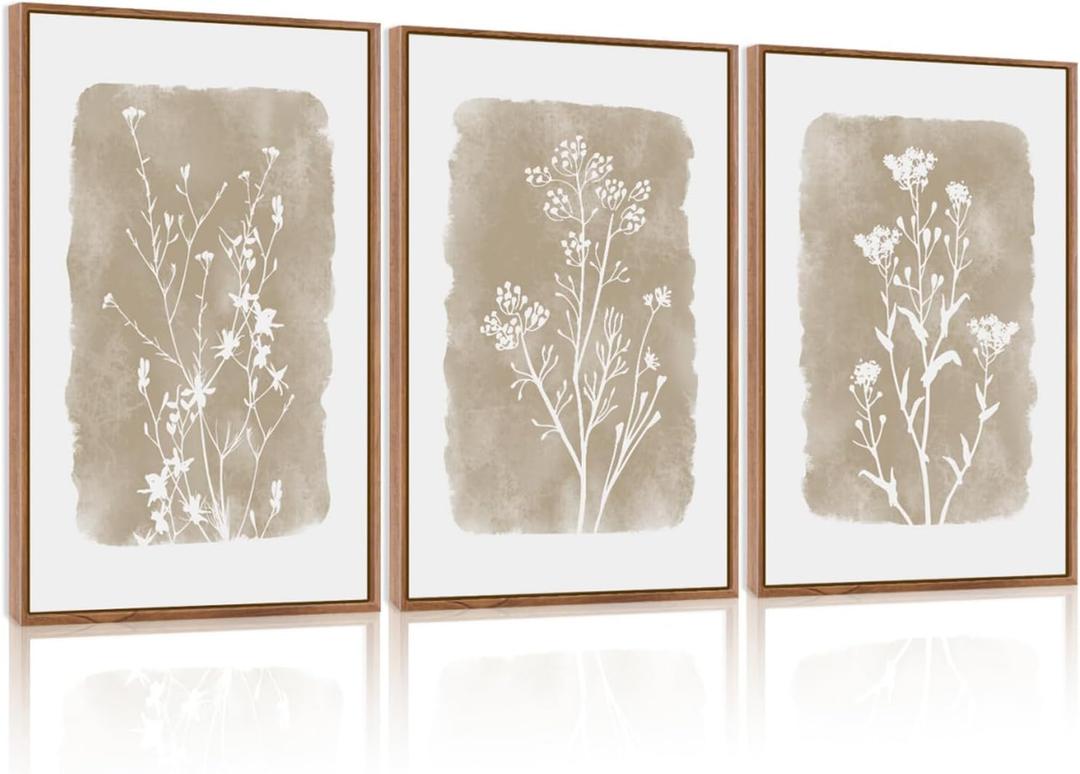 CHDITB Botanical Farmhouse Wall Art Set, Framed Boho Plant Wall Decor, Neutral Minimalist Floral Wall Painting, Rustic Wildflower Canvas Art Prints for Living Room, Bedroom, Bathroom - Large 16"x24"x3