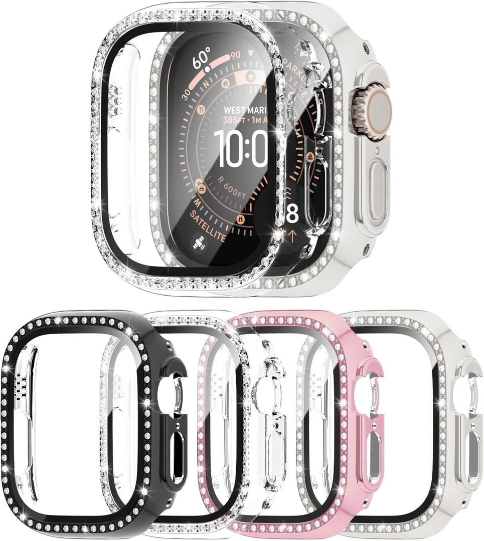 4 Pack Bling Case for Apple Watch Ultra 3 2025 /Ultra 2 /Ultra 49mmm, Glitter Rhinestone Diamonds Protective Case with Tempered Glass Screen Protector Replacement Cover for iWatch 49mm Women (Black/Clear/Pink/Starlight)