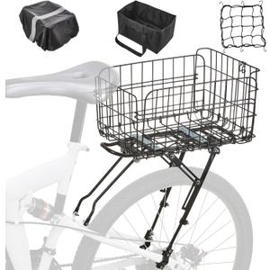 Rear Bike Rack with Basket- Bicycle Cargo Rack with Waterproof Cover, Liner and Cargo Net, Bike Storage Basket for 26" - 29" and 700c Bikes
