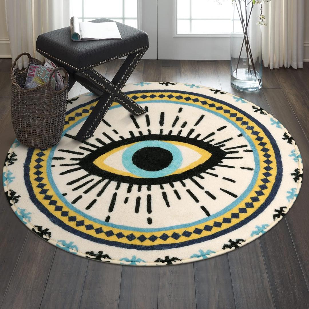 HAOCOO Blue Evil Eye Round Area Rug 3ft,Super Soft Velvet Vintage Non-Slip Boho Rug,Washable Creative Tribal Style Bedroom Rug Floor Carpet for Bathroom Door Mat Living Room Nursery Home Decor