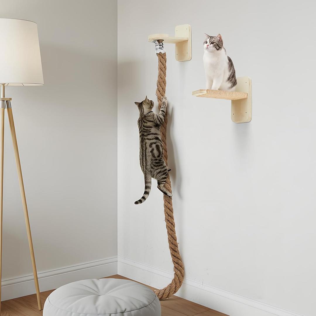 Weysat 2" x 4.92 ft Cat Climbing Rope with 2 Jumping Platform Wall Mounted Thick Jute Cat Scratching Post Furniture Wall Climbing System for Kittens & Large Cats(Wood,Regular)