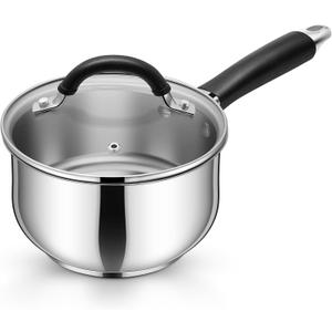 P&P CHEF 2 Quart Sauce Pan with Lid, Stainless Steel Saucepan, Small Milk Pot for Multipurpose Cooking, Visible Glass Lid & Stay-cool Silicone Handle & Tri-Ply Base, For All Stoves & Dishwasher Use