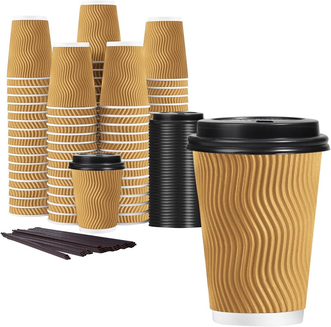 Lamosi 12 oz Disposable Coffee Cups with Lids, 50 Pack Insulated Hot Cups To Go Paper Coffee Cups with Lids and Straws, Corrugated Ripple Wall Cup for Hot Drink, Office, Coffee Bar (Champagne)