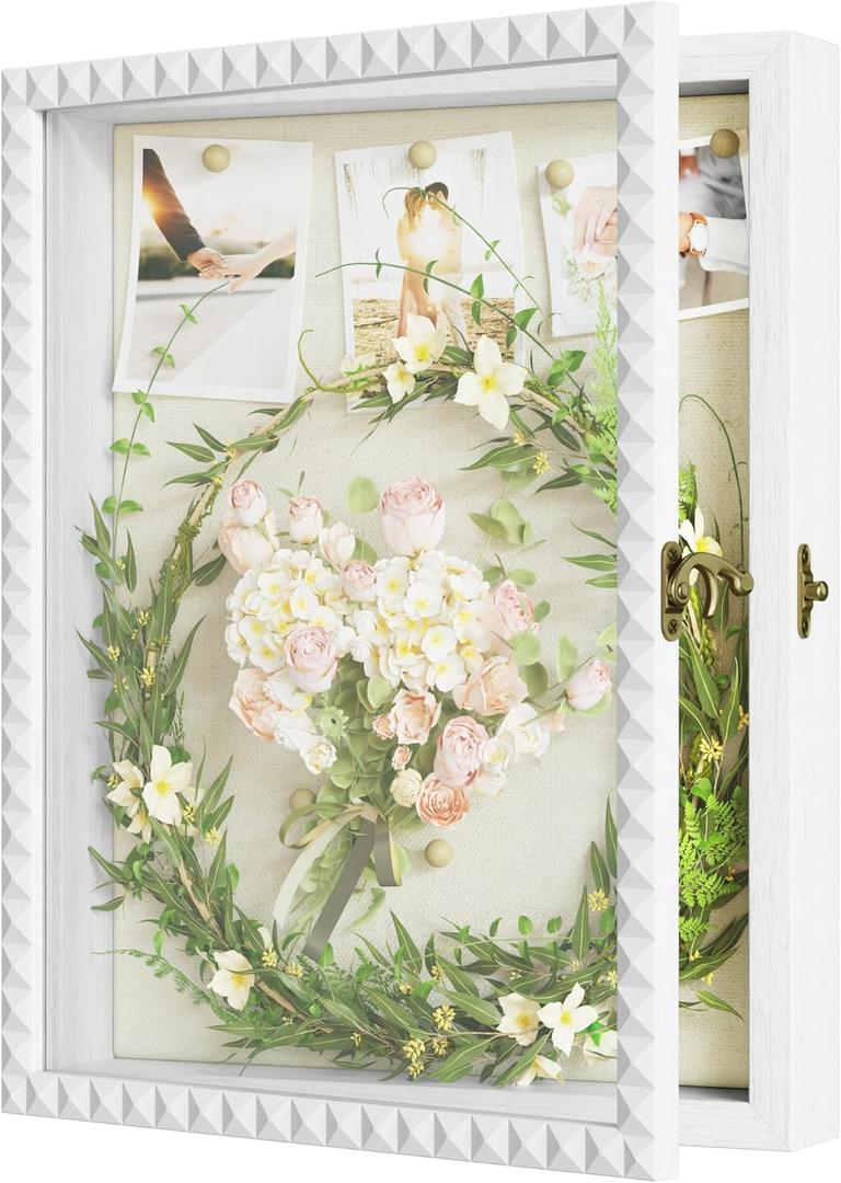 SZQINJI Shadow Box Frame 11x14 Deep Large Shadow Box Display Cases Wood Memory Box with Diamond Shape Door Vintage Lock for Graduation Medals Photos Baby Wedding Flower Pet Memorial Keepsakes White