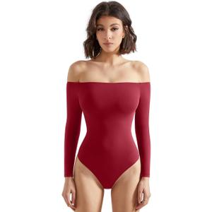 SUUKSESS Women's Off The Shoulder Long Sleeve Bodysuit Sexy Backless Body Suit, Size S,Red