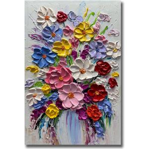 V-inspire Art,24 x 36 Inch Modern 100% Hand-Painted Abstract Oil Painting Colorful Bouquets Full 3D Flower Murals Living room Bedroom Wall Decoration