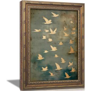 Vintage Gold Framed Wall Art, Golded Inspired Abstract Birds Canvas Prints, Flock of Flying Birds Picture Wall Decor, Rustic Farmhouse Minimalist Animals Poster Artwork for Living Room Bedroom, 24"L x 16"W