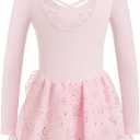 Phineein Girls Ballet Leotard with Skirt - Shiny Sparkle Tutu Dress, Long Sleeve Dancewear for Kids/Toddler (4-6 Years, Princess Pink L)