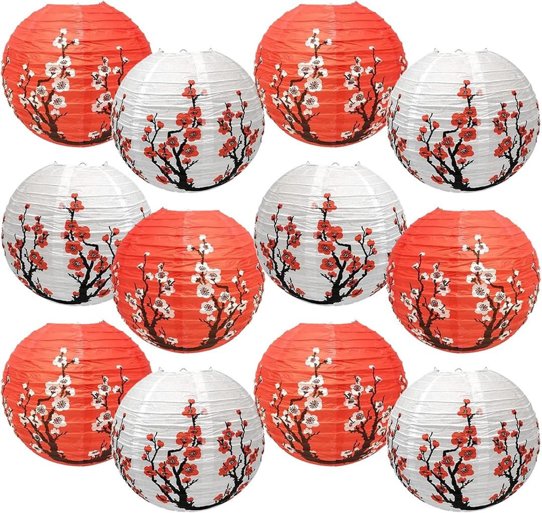 12 Pcs Chinese Lantern Decorations, 12 Inch Plum Blossom Paper Lanterns, for Party Asia Home Restaurant Wedding Decor (White+Red)