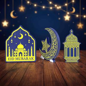 Ramadan Decorations for Home - 3-Pack Wooden Eid Mubarak Table Decor, Islamic Tabletop Centerpiece for Eid Party, Dining Table & Gift