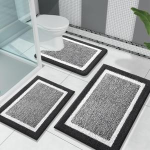 OLANLY Bathroom Rugs Sets 3 Piece, Soft Absorbent Microfiber Bath Mats and U-Shaped Contour Toilet Rug, Home Decor Accessories, Non-Slip, Bath Mat Set for Bathroom (30"x20"+24"x16"+24"x20", Black)
