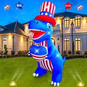 SEASONBLOW 8 Ft 4th of July Inflatables Outdoor Decorations, Dinosaur with Heart Decoration LED Light Blow Up Patriotic Memorial Independence Day Decor for Lawn Yard Garden Home Outdoor Indoor