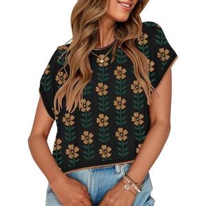 ZESICA Womens Summer Casual Printed Tops Cap Sleeve Crew Neck Cute Knit Sweaters 2025 Trendy Clothes Outfits, Medium Size