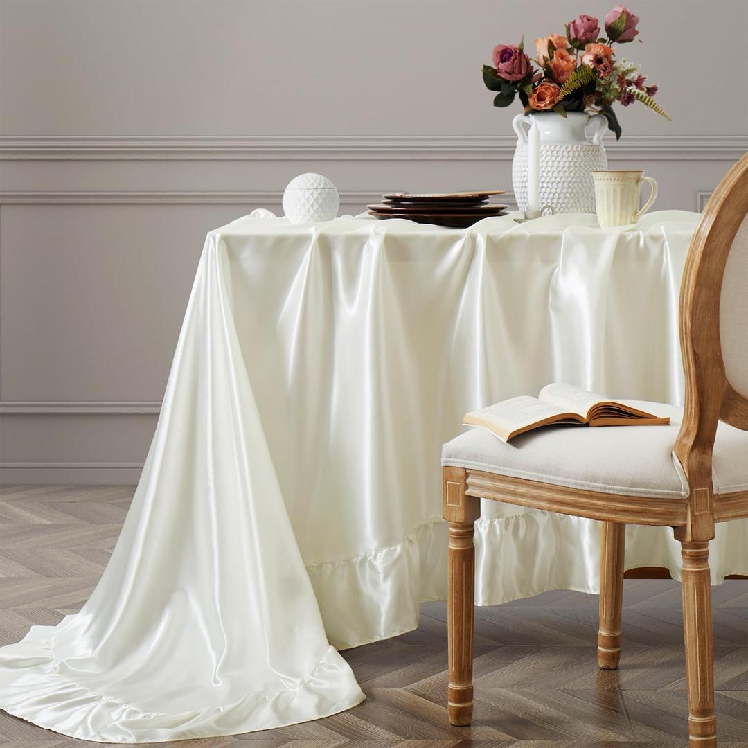 Vonty Ruffle Tablecloth White Satin Tablecloth - 60" x 102", Silky Table Cloth Rectangle Scalloped Table Cloth Farmhouse Tables Cover Silk Tablecloths Vintage Tables Skirt for Kitchen Dining