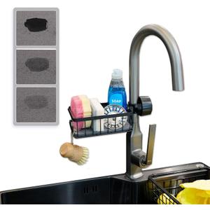 Seltomer Sponge Holder for Kitchen Sink Sponge Holder Over Faucet - Stainless Steel Sink Caddy Organizer with Quick Stone Drying Mat (Black) (Large)