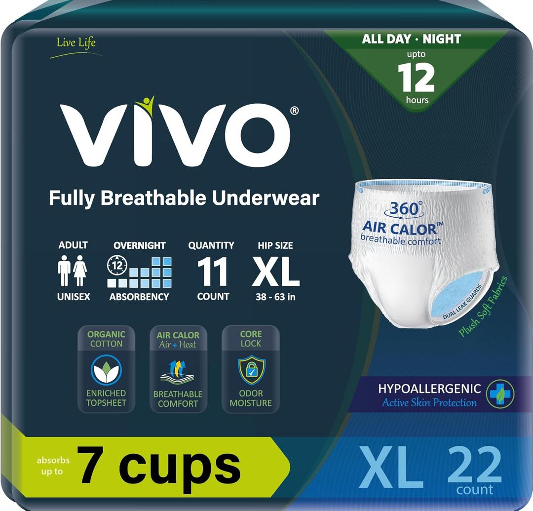 VIVO Organic Cotton Sensitive Skin Overnight Adult Incontinence Pullup Underwear, Women & Men, X-Large 22 Count