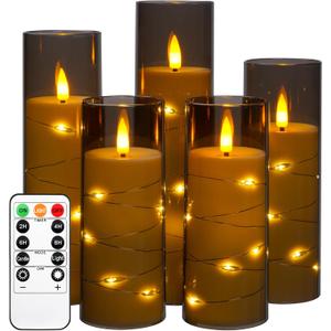 Da by Flameless Candle Light, Battery Candle with recessed String Light, 5 flameless Candles with 11-Key Remote Control, 24-Hour Timer Function, Dancing Flame, (no Battery)