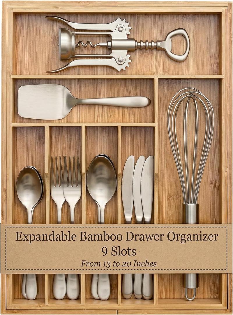 Liviys Cutlery Drawer Organizer for Kitchen Utensils, 13-20 Inches Expandable Bamboo Utensil Tray, Large Wooden Silverware Organizer Insert for Kitchen Drawers