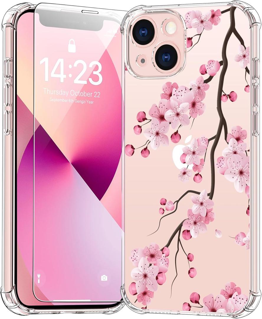 bicol for iPhone 13 Case with Screen Protector,Enhanced Camera Protection,Clear TPU Cover with Trendy Designs for Girls Women,Slim Fit Protective Phone Case,Blooming Cherry