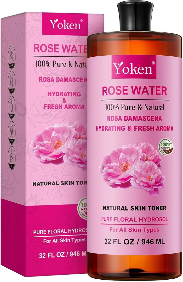 Yoken Pure Rose Water Toner for Face, 32 Fl Oz Bulk, 100% Natural Rosa Damascena Rose Hydrosol, Refreshing Rosewater for Hair, Skin, Aromatherapy, Hydrates & Soothes, Free, Chemical Free