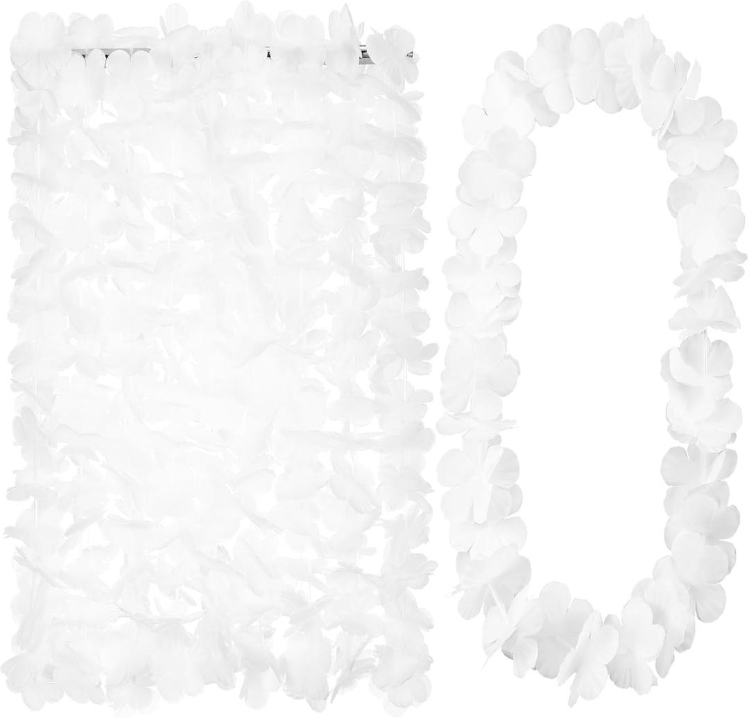 Hoteam 24 Counts Hawaiian Leis Necklace Tropical Flower Lei Floral Luau Party Decorations Hawaiian Flower Luau Necklaces Hula Dance Garland Headbands for Beach Birthday Wedding Party (White)