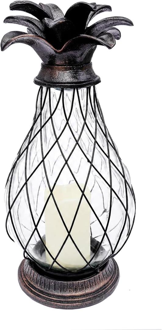 18" Solar Pineapple Lantern, IP44 Waterproof Glass Outdoor Decor - Flameless LED Lights for Garden, Patio, Porch, Beach, Pineapple Theme