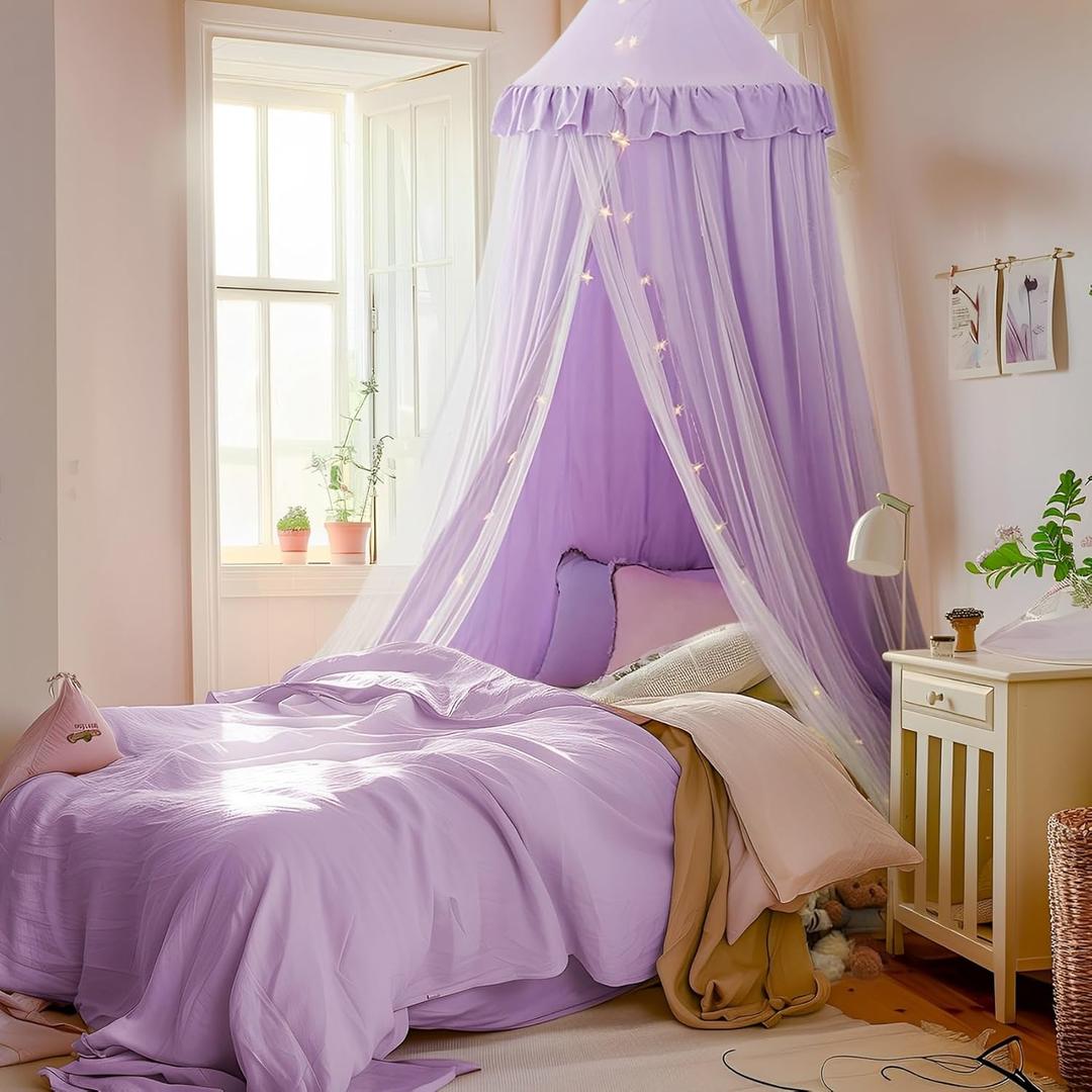 Bed Canopy with Star Lights, Double Layer Canopy for Bed, Princess Play Tent for Girls Room, Breathable Canopy Bed Curtain for Children Reading Nook, Machine Washable Canopy, 25.6''x106'', Purple