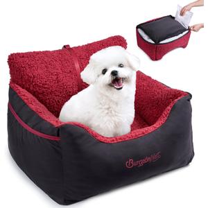 BurgeonNest Dog Car Seat for Small Dogs, Detachable and Washable Cat Car seats Under 25 lbs, Soft Pet Booster Seats with Storage Pockets and Clip-On Leash Portable Car Travel Carrier Bed, Black red