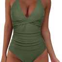 SUUKSESS Women Sexy Halter Tankini Bathing Suit Slimming Tummy Control Swimsuit (Large, Army Green)