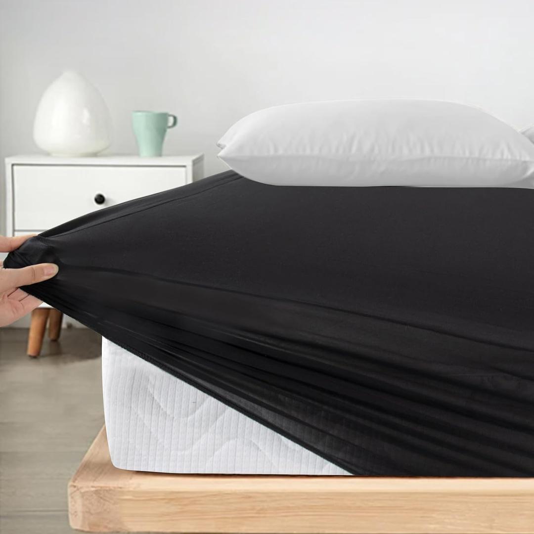 Twin Fitted Sheet Only, Super Soft & Cozy Twin Size Bed Sheets for Boys Kids with Deep Pocket to 14 Inch, Cooling Jersey Mattress Bottom Sheets,Shrinkage & Stain Resistant, Wrinkle Free, Black (Twin (38" x 75"))