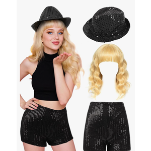 3 Pcs Halloween Singer Costume Wavy Blonde Wig Sequins Fedora Hat Shorts for Party Cosplay Music Festival Concert Size S