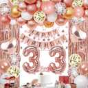 33rd Rose Gold Birthday Party Decorations for Women, Rose Gold Happy Birthday Banner, Fringe Curtains, Heart Foil Balloons, Confetti Balloons, Cake Topper for 33rd Birthday Decorations