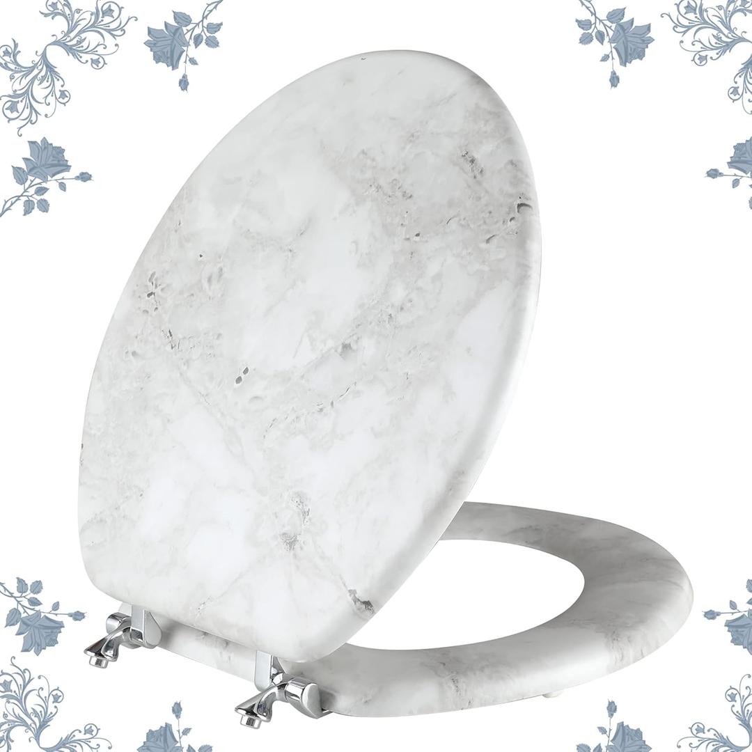 Angol Shiold Marble Toilet Seat, Zinc Alloy Hinges (Round, Grey), Size: Round-16.5“