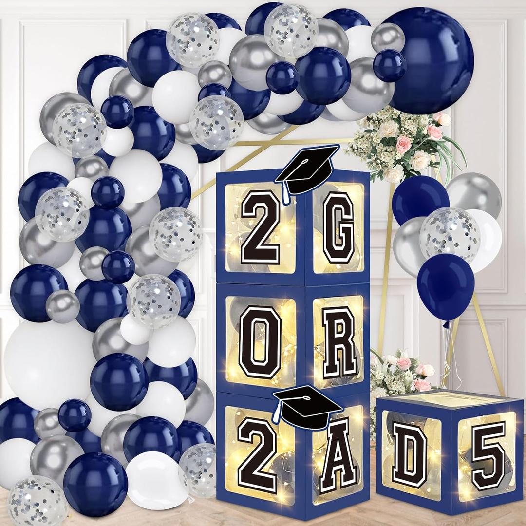DAZONGE Navy Blue Graduation Decorations 2025 - Set of 4 Grad Balloon Boxes with 139pcs Balloon Arch Garland Kit & 4 Lighted Strings - So Proud of You 2025 Graduation Decorations