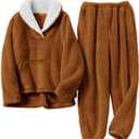 COZYPOIN Women's Fluffy Pajamas 1 Piece Soft Fleece Plush Sleepwear Warm Fuzzy Loungewear (Size L, Brown)