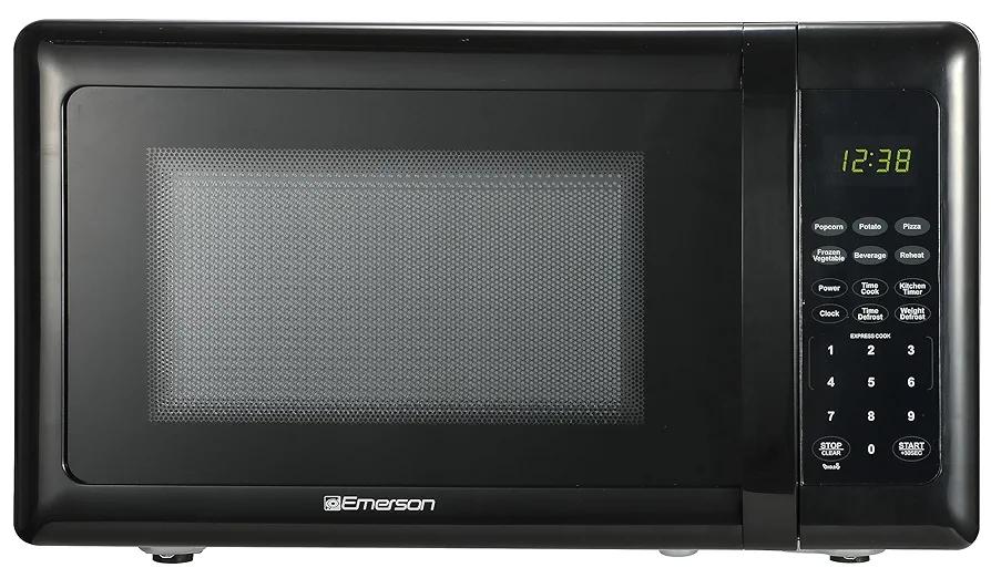 Emerson MW7302B Compact Countertop Microwave Oven with Touch Control, LED Display, 700W, 10 Power Levels, 6 Auto Menus, Glass Turntable and Child Safe Lock, 0.7 Cu., Ft. Black
