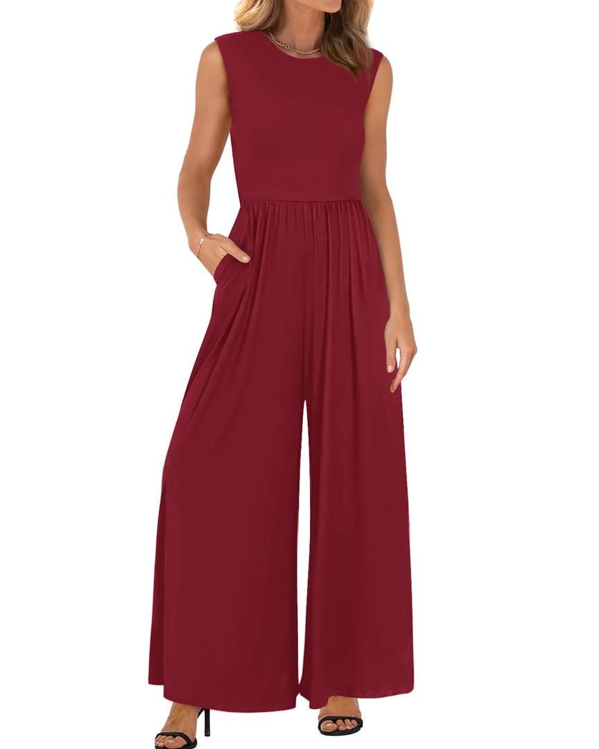 BTFBM Womens Casual Jumpsuits Dressy 2026 Spring One Piece Outfits Crew Neck Sleeveless Knit Wide Leg Pants Romper Beach(Wine Red, Medium) (M)