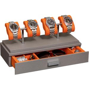 ROTHWELL Luxury Watch Display Case for 4 Watches  Leather Watch Box with Acrylic Cover and Removable Slide in Cushions  Accessory Drawer with Multiple Configurations (Grey/Orange)