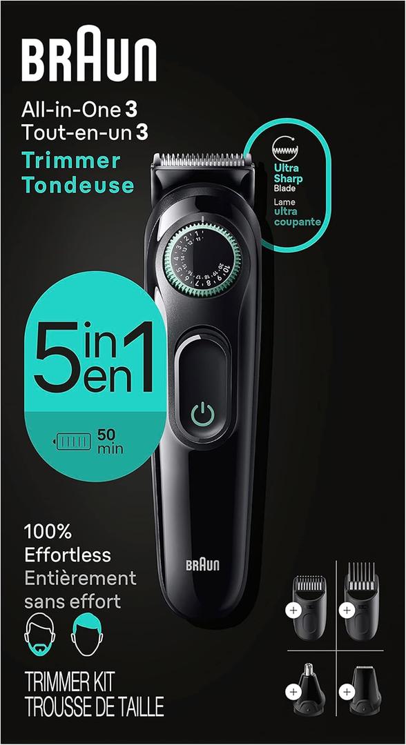 Braun All-In-One Style Kit Series 3 3450, 5-in-1 Trimmer for Men with Beard Trimmer, Ear & Nose Trimmer, Hair Clippers & More, Ultra-Sharp Blade, 40 Length Settings and Washable