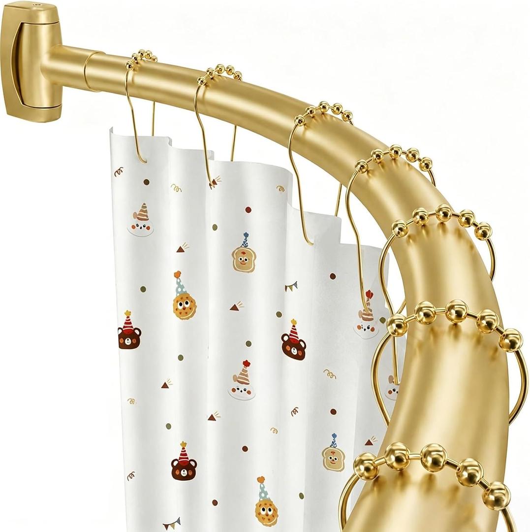 Gold Curved Shower Curtain Rod for Bathroom Bathtub 33-78 In Adjustable Curved Shower Rod, RustProof Stainless Steel Round Shower Rods for Stall,Extra Shower Space Expandable Need Drilling
