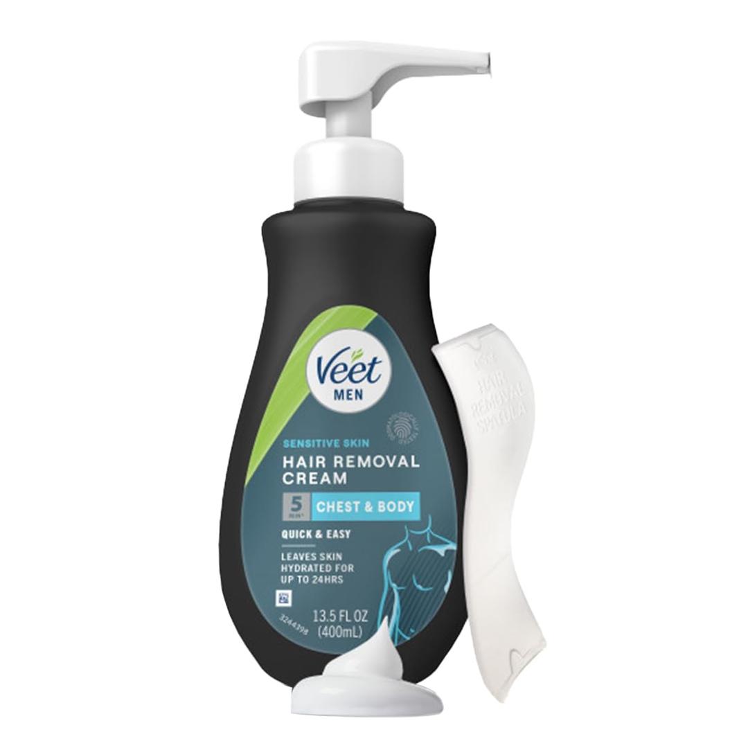 Veet Hair Removal Cream For Men, 5 Min Sensitive Skin, Hair Removal Gel For Body, Chest & Back, Dermatologically Tested, 13.5 FL OZ w/ Spatula