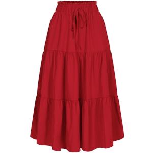 MSLG Women's High Elastic Waist Midi Skirt Casual Summer Trendy Tie Front Flowy Ruffle Floral Print A line Skirts 626 (Red, L)