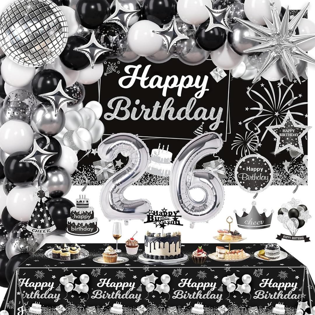 26th Birthday Decorations Set for Man Women,Black Silver Happy 26 Birthday Party Supplies with Birthday Backdrop Banner Birthday Tablecloth 26 Number Balloons for Her Him