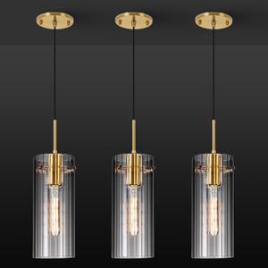 Gold Pendant Light Fixtures, 3 Pack Modern Pendant Lighting with Clear Striped Glass Shade, Hanging Pendant Lights Kitchen Island, Farmhouse Pendant Lighting for Dining Room Bedroom Bathroom