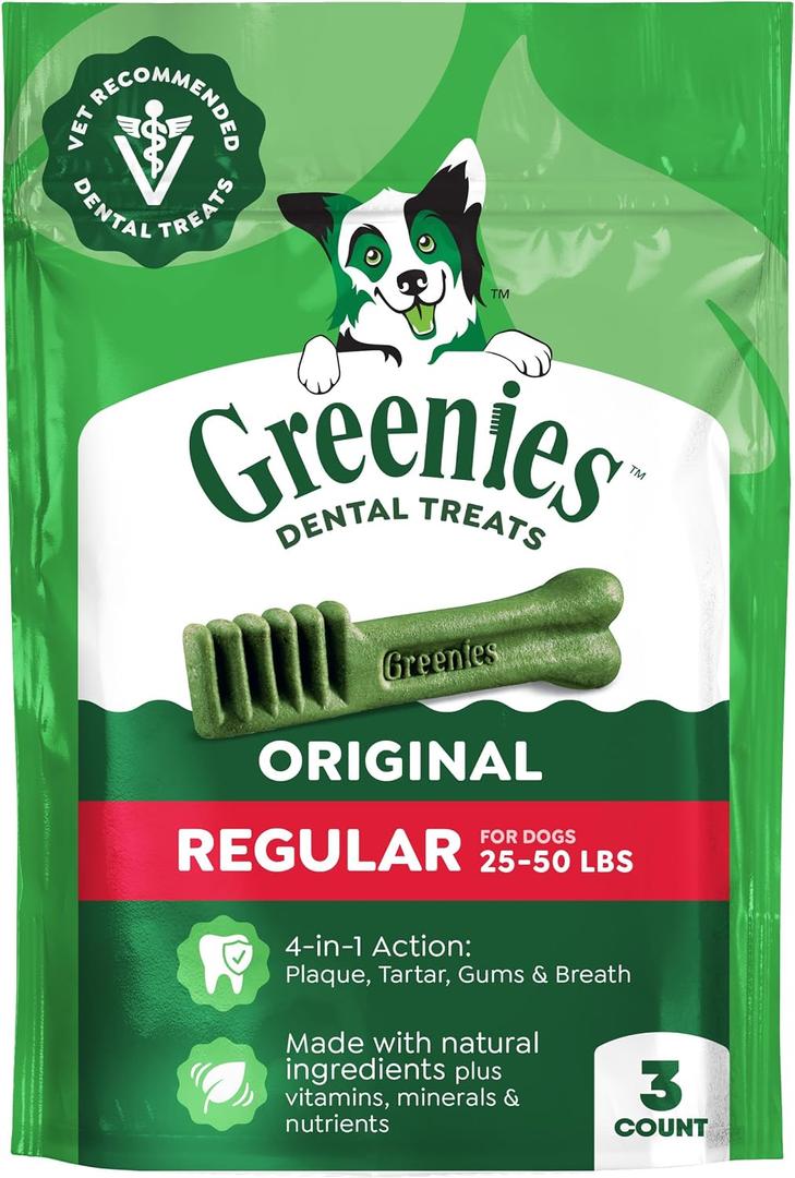 Greenies Regular Dental Dog Treats, Original Chicken Flavor, 3 Count | Vet-recommended, cleaner teeth after 28 days, cleans to gumline, for dogs 25-50 lbs, original chicken flavor (EXP 09/27/29)