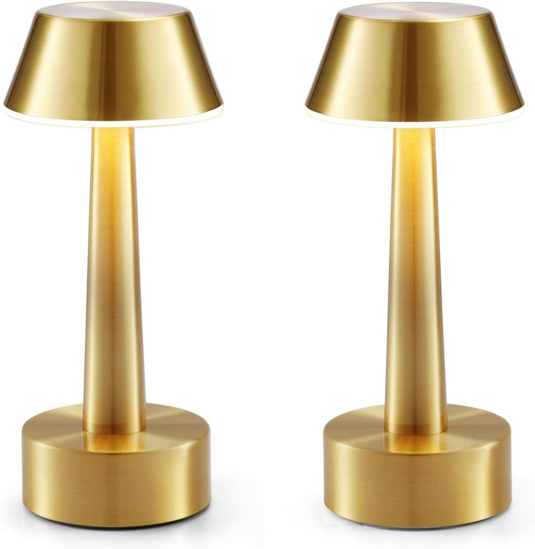 2 Pack Small Cordless Table Lamp, Battery Operated Gold Lamp for Restaurant Dinner Table, Rechargeable 3-Way Dimmable Touch Light Portable Metal Night Light for Bedside Dining Room Patio Bar Outdoor