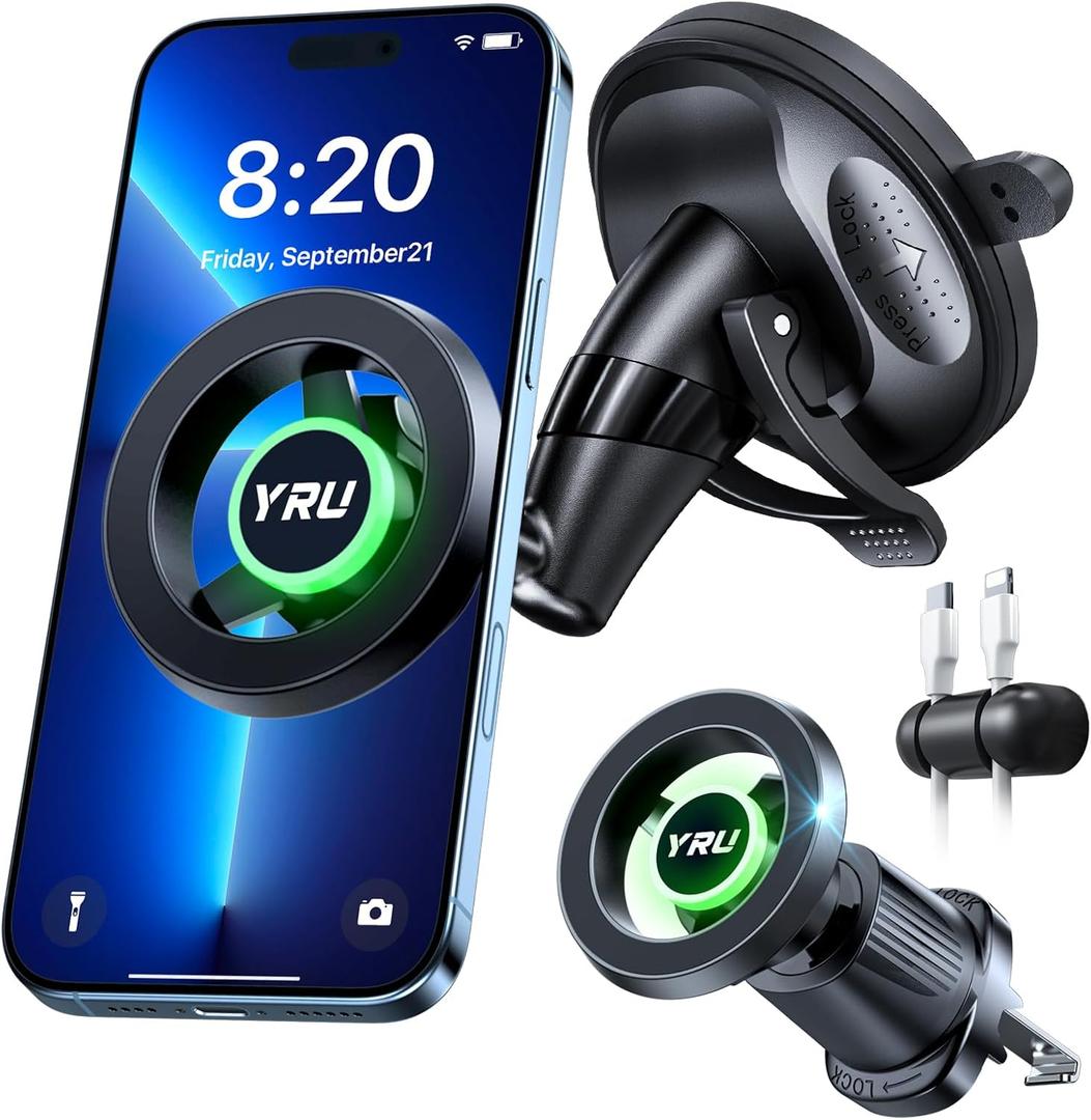 YRU [Truely Upgrade & Patent] Car Phone Holder for Magsafe [98+LBS Strongest Suction & Enhanced Magnetic] Dashboard Car Mount Windshield Vent Phone Stand for iPhone 17/16/15/14/13/12 Pro Max, Black