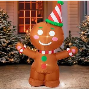 4FT Christmas Inflatables Decorations, Blow Up Brown Bear with Santa Hat and Holding Candy Cane with Built-in LEDs for Indoor Outdoor Yard Lawn Garden Decor